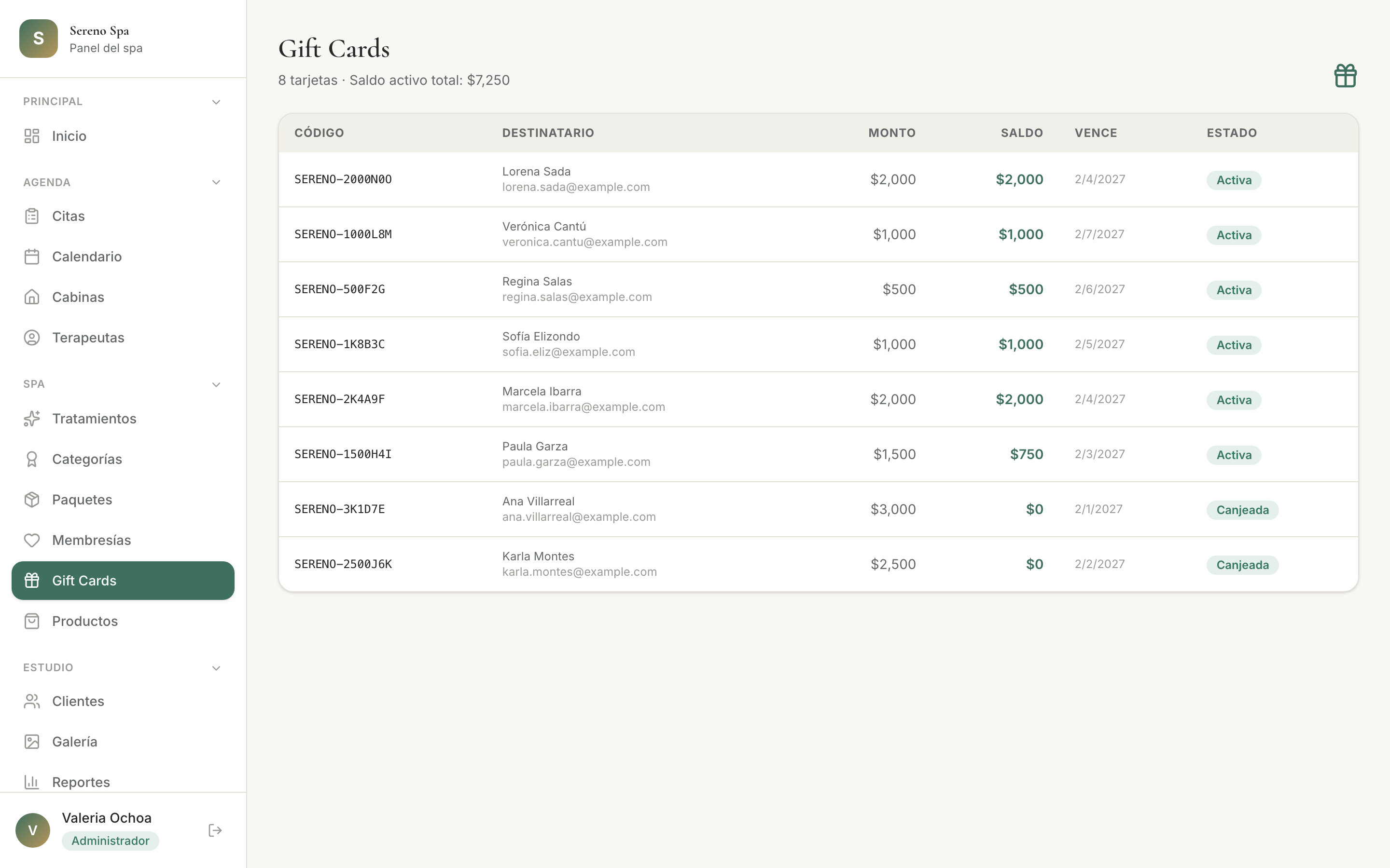Gift cards y paquetes